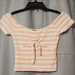 Forever 21 Off-the-Shoulder Striped Crop Top with front Tie Sz Small